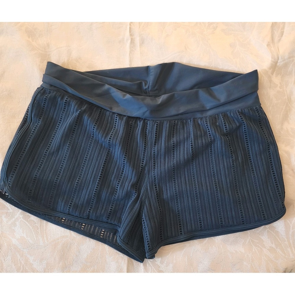prAna Women's Fold Over Mesh 2 Layer Yoga Shorts Size XL Teal Activewear